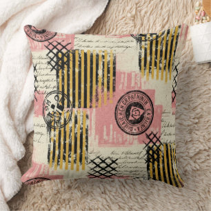 Vintage Mixed-Media Collage - Distressed Paper Throw Pillow