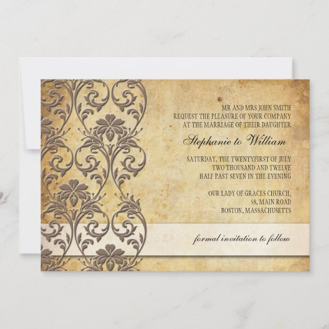 Vintage Mocha Floral Swirl Wedding Invitation (Front)