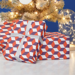 Vintage modern 3d-cube pattern in navy and red wrapping paper