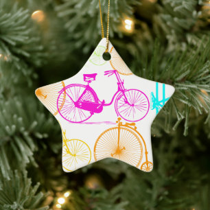 Vintage Modern Bicycle Bright Colour Neon Pattern Ceramic Ornament