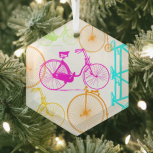 Vintage Modern Bicycle Bright Colour Neon Pattern Glass Ornament