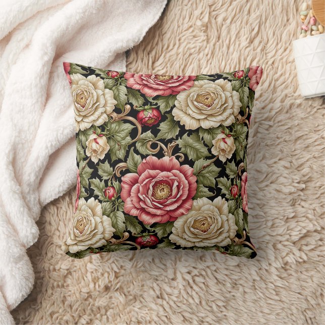 Vintage Modern Cabbage Roses on Black Throw Pillow (Blanket)