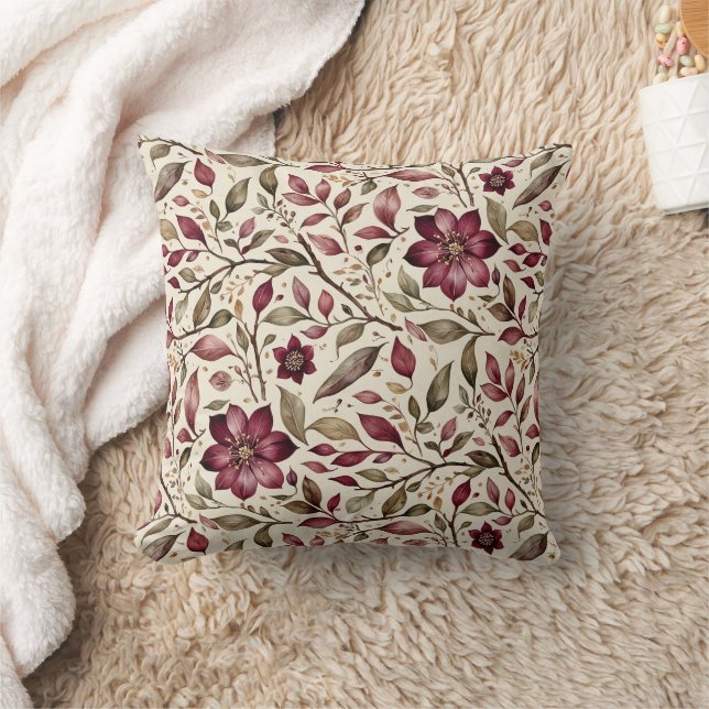 Vintage Modern Cranberry Flora Throw Pillow (Blanket)