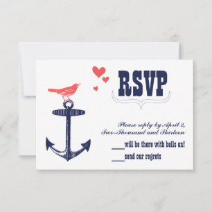Vintage Modern Cute Coral Bird Navy Anchor RSVP Card