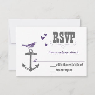 Vintage Modern Cute Purple Bird Grey Anchor RSVP Card