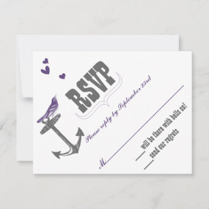Vintage Modern Cute Purple Bird Grey Anchor RSVP Card