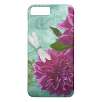 Vintage Modern Dragonfly w Purple Dahlia Flowers