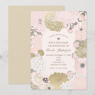 Vintage Modern Floral Botanical Pink Gold Birthday Invitation