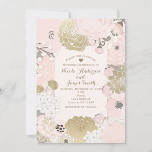 Vintage Modern Floral Botanical Pink Gold Wedding Invitation