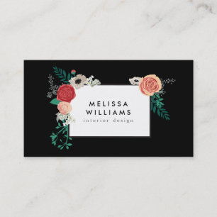 Vintage Modern Floral Motif on Black Designer Business Card