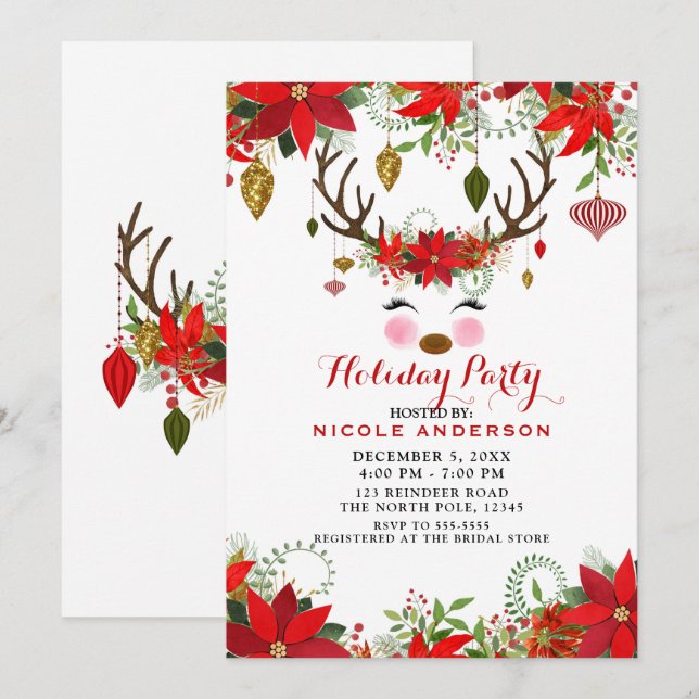 Vintage Modern Floral Reindeer Holiday Party Invitation (Front/Back)
