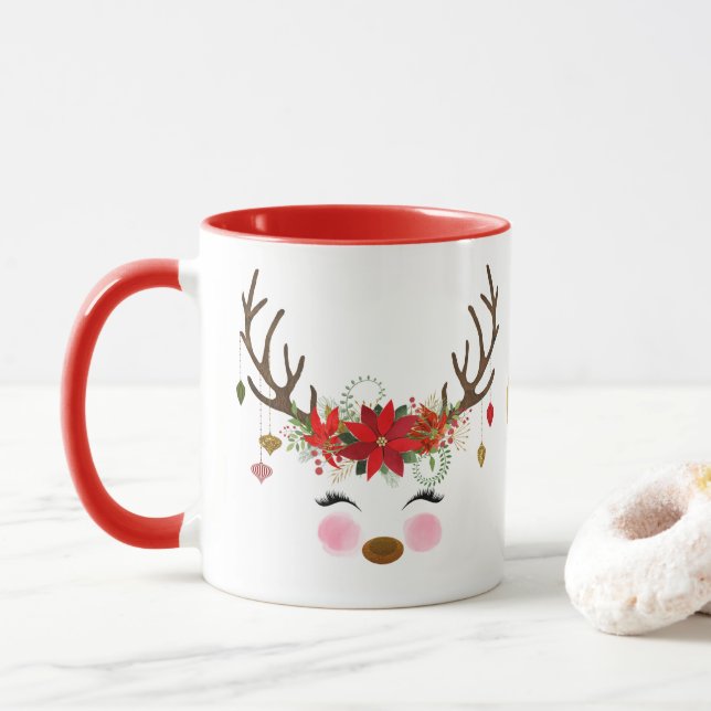 Vintage Modern Floral Reindeer Holiday Whimsical Mug (With Donut)