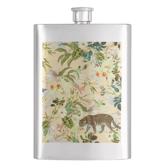 Vintage Modern Flower Jungle Tropical Hip Flask (Front)