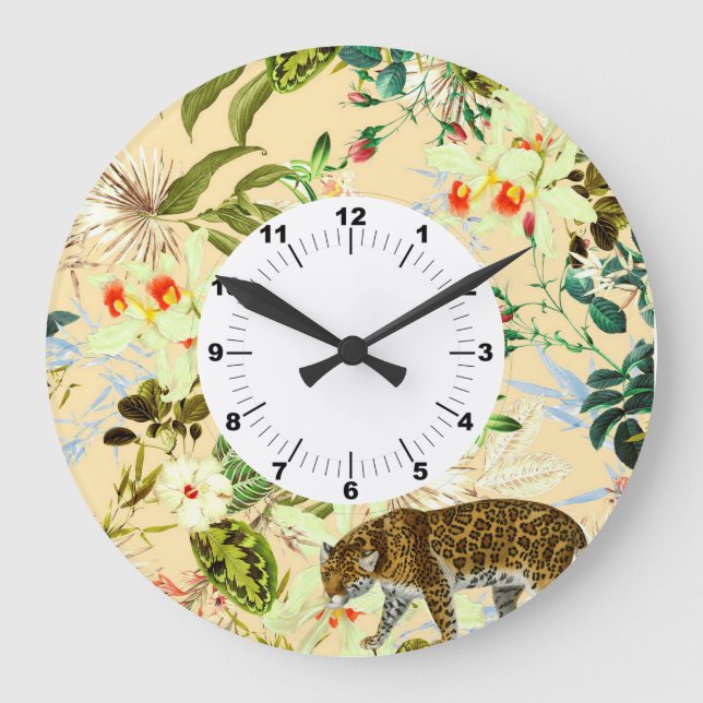 Vintage Modern Flower Jungle Tropical Large Clock (Front)