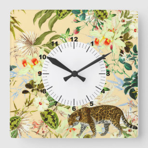 Vintage Modern Flower Jungle Tropical Square Wall Clock