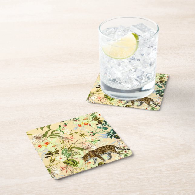 Vintage Modern Flower Tiger Jungle Square Paper Coaster (Insitu)