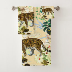 Vintage Modern Flower Tiger Jungle Tropical Bath Towel Set