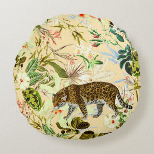 Vintage Modern Flower Tiger Jungle Tropical Round Pillow