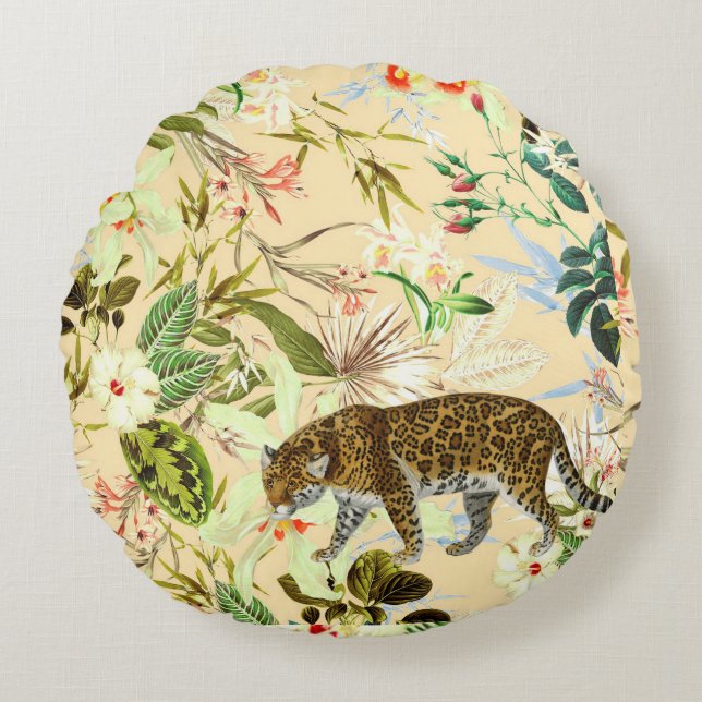Vintage Modern Flower Tiger Jungle Tropical Round Pillow (Front)