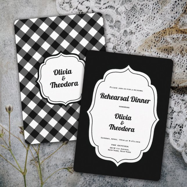 Vintage modern Gingam Rehearsal Dinner Invitation (vintage modern elegant black and white gingham wedding rehearsal dinner invitation)