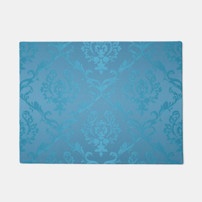 Vintage Modern Glam Turquoise Damask Doormat (Front)