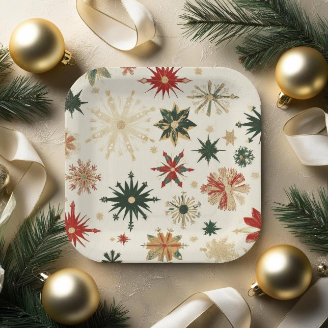 Vintage Modern Gold Snowflakes pattern square Paper Plate (Vintage Modern Gold Snowflakes pattern square Paper Plates)