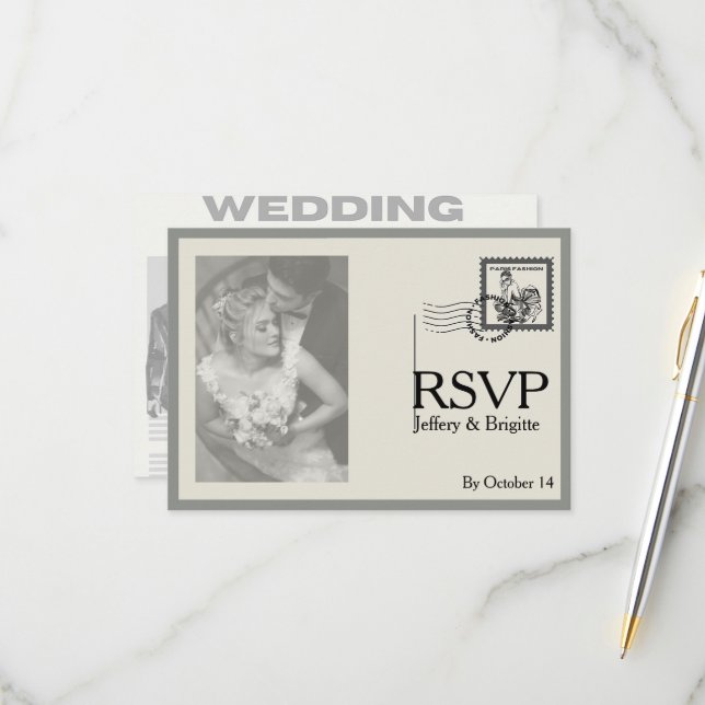 Vintage modern newspaper style wedding  RSVP card (Front/Back In Situ)