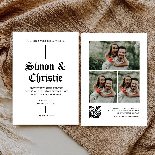 Vintage Modern Photo Collage QR Code Wedding Invitation (Modern photo collage QR code wedding invitation shares your story with easy RSVP and style)