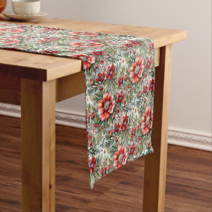 Vintage Modern Red Roses and Fir Short Table Runner