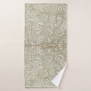 Vintage Modern Watercolor Wood Gray Scroll Damask Bath Towel