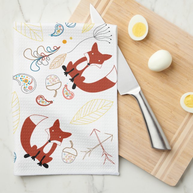 Vintage Modern Woodland Animals Fox Pattern Kitchen Towel (Quarter Fold)