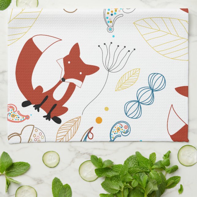 Vintage Modern Woodland Animals Fox Pattern Kitchen Towel (Folded)