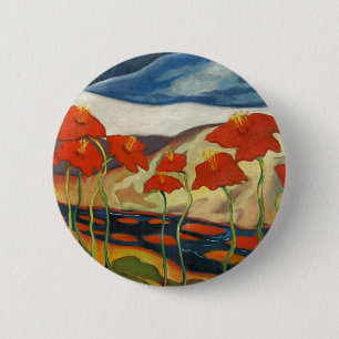 Vintage Modernist Red Poppies Surreal Landscape 2 Inch Round Button