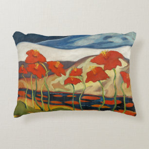 Vintage Modernist Red Poppies Surreal Landscape Accent Pillow