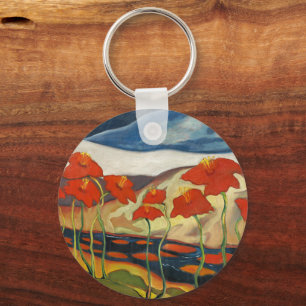 Vintage Modernist Red Poppies Surreal Landscape Keychain