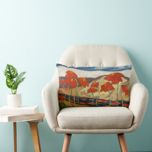 Vintage Modernist Red Poppies Surreal Landscape Lumbar Pillow