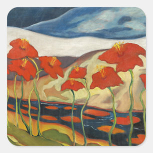 Vintage Modernist Red Poppies Surreal Landscape Square Sticker