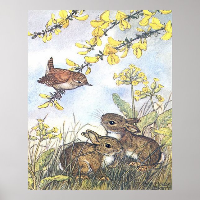 Vintage Molly Brett Art Wren and Rabbit Poster (Front)