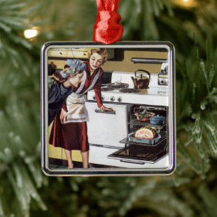 Vintage Mom in the Kitchen Cooking an Easter Ham Metal Ornament