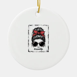 Vintage Mom Life Messy Bun Bandana Shirt Design_1 Ceramic Ornament