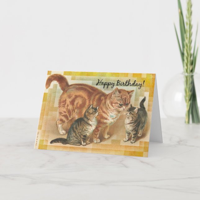 Vintage Momma Cat and Kittens, Birthday Card (Front)