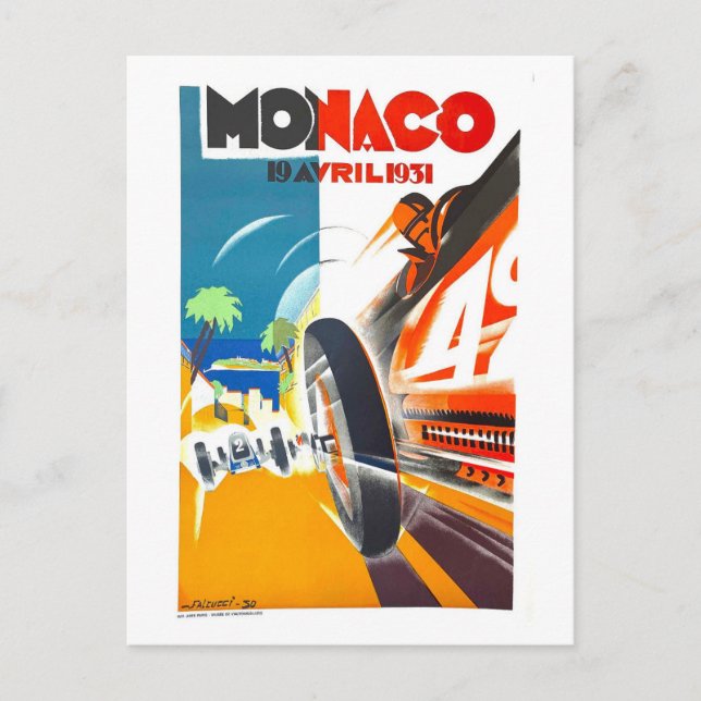 Vintage Monaco Auto Race Travel Poster Postcard (Front)