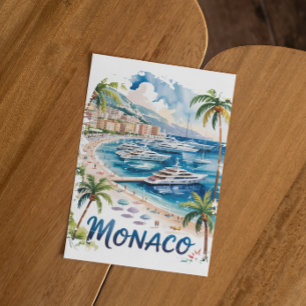 Vintage Monaco Watercolor French Riviera Travel Postcard