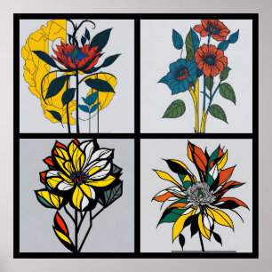 vintage mondrian flowers 4/4 all in one poster