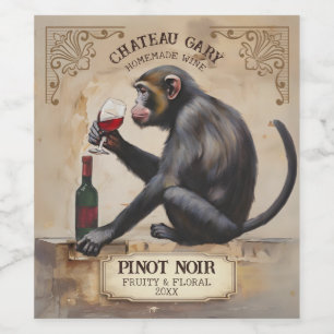 Vintage monkey drinking red wine personalized label