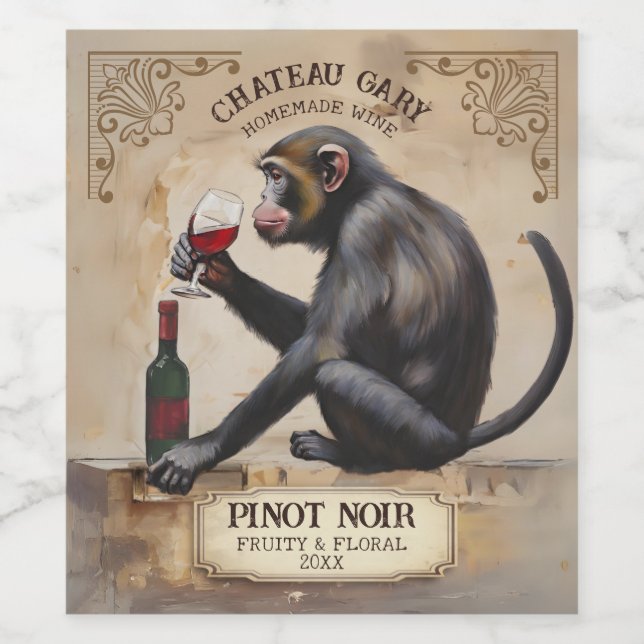 Vintage monkey drinking red wine personalized wine label (Single Label)