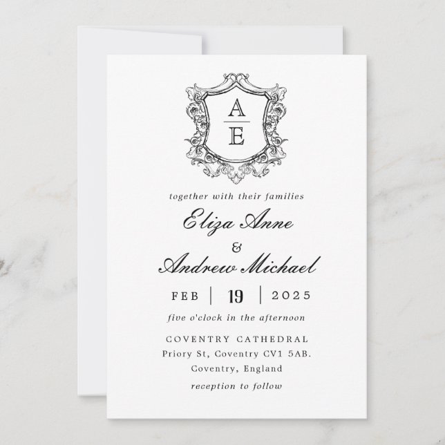 Vintage Monogram Black and White Wedding  Invitation (Front)