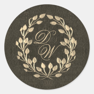 Vintage Monogram Black Gold Wreath Elegant Script Classic Round Sticker