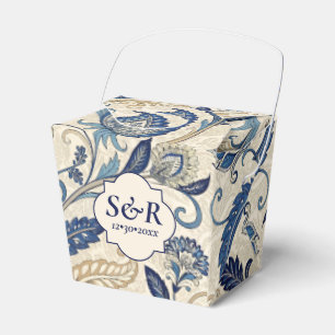 Vintage Monogram Blue Cream Damask Floral Wedding Favor Box
