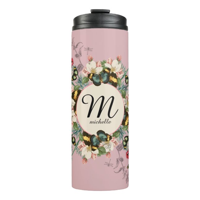 Vintage Monogram Butterfly Dusty Rose Custom Thermal Tumbler (Front)